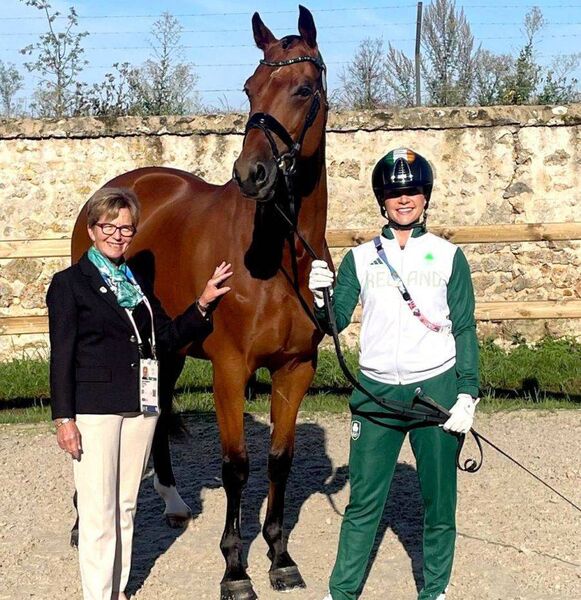 HSI High Performance Director of Dressage Anne Marie Dunphy with Irelands individual Olympic Dressage athlete Abigail Lyle and Giraldo after the Olympic Games veterinary inspection 