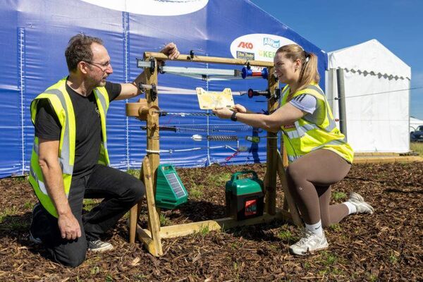 Brian Mullins and Anne Eviston check the electric fence demos on the Mullinahone stand for Ploughing 2024 at Ratheniska, County Laois. Photo: Alf Harvey. Brian Mullins and Anne Eviston check the electric fence demos on the Mullinahone stand for Ploughing 2024 at Ratheniska, County Laois. Photo: Alf Harvey.
