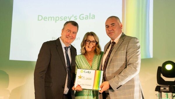 Leona McCarthy from Dempsey's Gala, Portarlington with Ben McGinn and David O'Brien from Gala Retail Leona McCarthy from Dempsey's Gala, Portarlington with Ben McGinn and David O'Brien from Gala Retail