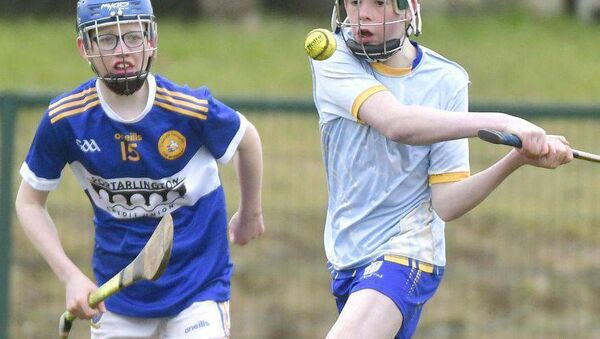 Rory Hyland (Mountmellick CS) playing this ball Photo: Denis Byrne Rory Hyland (Mountmellick CS) playing this ball Photo: Denis Byrne