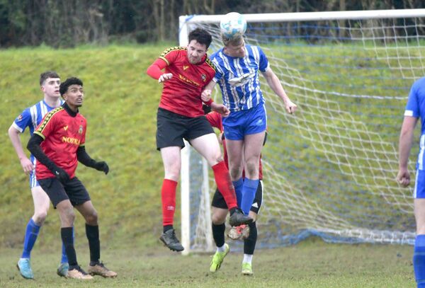 Eoin Keenan (Cappakeel Utd) battles for this ball with Sean O'Flynn (Ballybrittas Utd) Photo: Denis Byrne Eoin Keenan (Cappakeel Utd) battles for this ball with Sean O'Flynn (Ballybrittas Utd) Photo: Denis Byrne