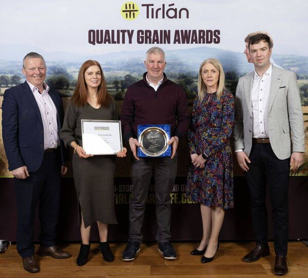 Pictured at the Tirlán Quality Grain Awards 2024 ceremony in the Guinness Storehouse in Dublin were (l-r): Larry Hannon (Tirlán board member) Mary Emily and Paul McDonald (award winners), Ailish Byrne (Tirlán Chief Agribusiness Officer) and Tirlán agronomist Barry Purcell. Pictured at the Tirlán Quality Grain Awards 2024 ceremony in the Guinness Storehouse in Dublin were (l-r): Larry Hannon (Tirlán board member) Mary Emily and Paul McDonald (award winners), Ailish Byrne (Tirlán Chief Agribusiness Officer) and Tirlán agronomist Barry Purcell.