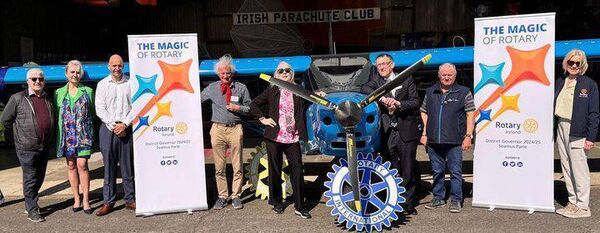 Pictured at the launch of 'Handitandem' at Clonbullogue Airfield were Fergus McDonnell (Irish Parachute Club), Kas Jatkowska and Matt Kennelly (Portlaoise Rotary), Derek Griffiths (Assistant Governor Rotary Ireland), Maeve Furey (President of Portlaoise Rotary Club), Seamus Parle (District Governor Rotary Ireland), Coleman Brouder (Irish Parachute Club) and Michele Furey (Naas Rotary). Pictured at the launch of 'Handitandem' at Clonbullogue Airfield were Fergus McDonnell (Irish Parachute Club), Kas Jatkowska and Matt Kennelly (Portlaoise Rotary), Derek Griffiths (Assistant Governor Rotary Ireland), Maeve Furey (President of Portlaoise Rotary Club), Seamus Parle (District Governor Rotary Ireland), Coleman Brouder (Irish Parachute Club) and Michele Furey (Naas Rotary).