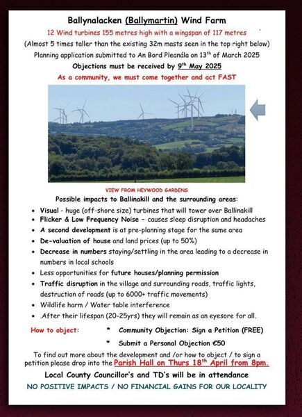 The leaflet encouraging people to attend the meeting that is being organised by the 'No To Ballynalacken Wind Farm' group
