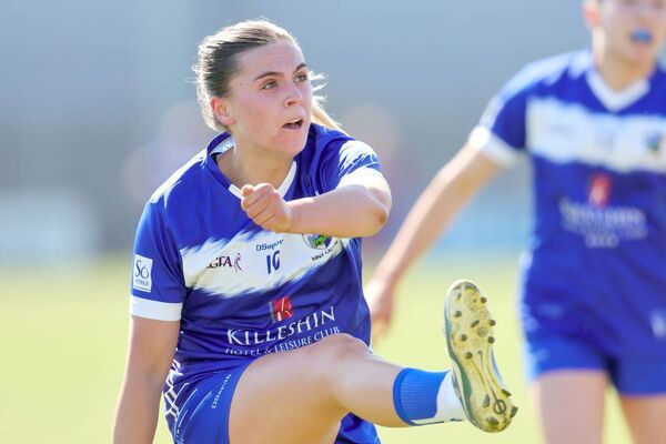 Laois's Shifra Havill kicks for a score against Westmeath in the TG4 Leinster final Photo: Paul Dargan
