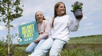 Pictured at the launch of The Irish Times Ireland's Greenest Places 2025 in association with Electric Ireland are Beth Healy (12), Laura Gargiuto Keenan (12) Photo: Julien Behal Photography