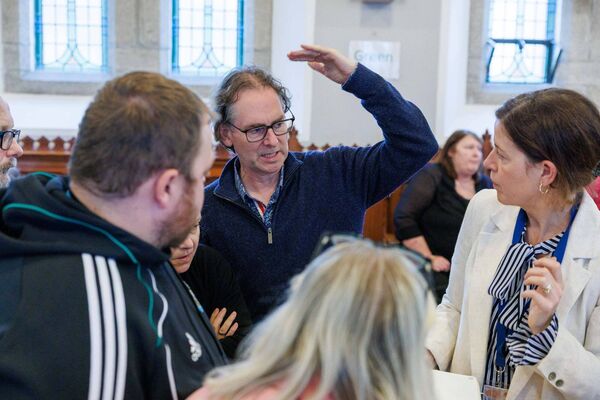 Tim Austen (Austen Landscape Architects) and members of the public discussing plans at the public Information evening on proposed enhancement works to Patrick Street and the River Walk in Mountrath held by Laois County Council at Bloom HQ. Picture: Jeff Harvey