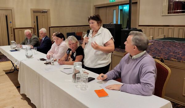 Pictured at the top table at the meeting in Durrow last week were (l-r): cllrs John King, John Kelly, Ollie Clooney, Emma Delaney, Mary Monahan, Ethel Dunphy (organisers) and Deputy Sean Fleming.