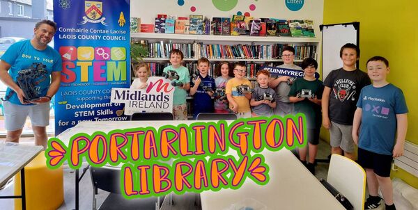 A group of young people along with the Laois STEM Engagement Officer Seanie Morris in Portarlington Library who took part in the recent STEM workshop A group of young people along with the Laois STEM Engagement Officer Seanie Morris in Portarlington Library who took part in the recent STEM workshop