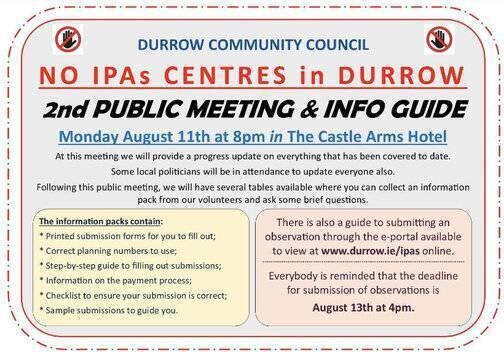 The meeting takes place on Monday 11 August at 8pm in The Castle Arms Hotel, Durrow The meeting takes place on Monday 11 August at 8pm in The Castle Arms Hotel, Durrow
