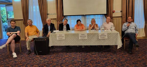 Pictured at the top table of the public information meeting that was held last night in the Castle Arms Hotel, Durrow were (l-r): Cllr Conor Bergin, Deputy Sean Fleming, Cllr Ollie Clooney, Chairperson of Durrow Community Council Ethel Dunphy, Secretary of Durrow Community Council Mary Monahan, Deputy Brian Stanley and Deputy Willie Aird.