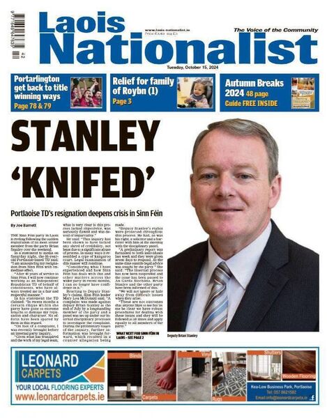 The Laois Nationalist headline - ‘Stanley Knifed’ - that caught the attention of the judging panel in this year Local Ireland Media Awards