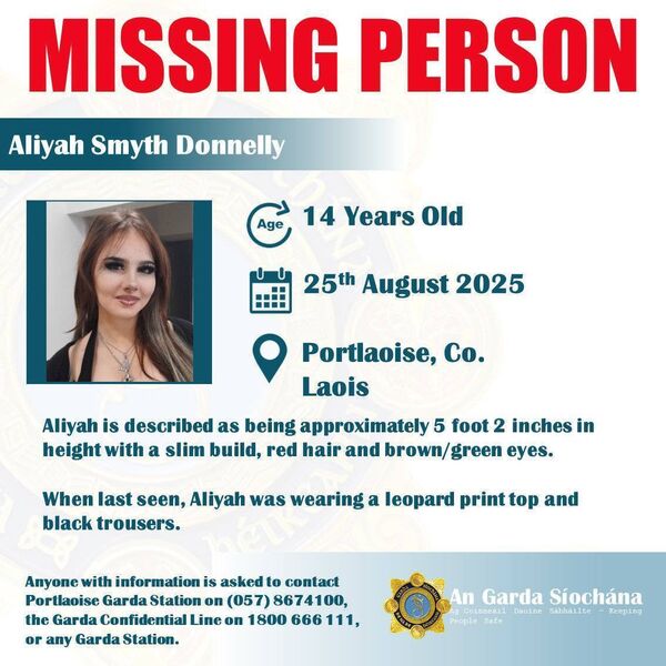 Aliyah was last seen at approximately 7.40pm in Portlaoise on Monday 25 August Aliyah was last seen at approximately 7.40pm in Portlaoise on Monday 25 August