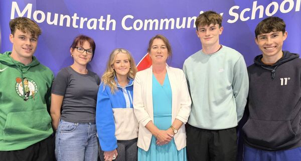 Pictured in Mountrath Community School after receiving their leaving cert results were (l-r): Conor Mortimer, Laura Kutkina, Amy Moore, School Principal Kathryn O'Brien, Rory Tully and Pete Culleton. Pictured in Mountrath Community School after receiving their leaving cert results were (l-r): Conor Mortimer, Laura Kutkina, Amy Moore, School Principal Kathryn O'Brien, Rory Tully and Pete Culleton.