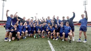<p>Leinster celebrate with the U/19 Interprovincial Championship trophy after getting the better of Munster at Virgin Media Park on Sunday 	 Photo: ©INPHO/Laszlo Geczo</p>