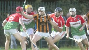 <p>Kevin Byrne (Camross) battles to free himself from the clutches of these Clonaslee/Sy Manman's players in their PIHC quarter-final Photo: Denis Byrne</p>