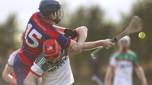 <p>Josh Hickey (Colt-Shanahoe) and Brian Campion (Rathdowney/Errill) get into a tangle during their Premier IHC quarter-final on Friday evening Photo: David Maher</p>