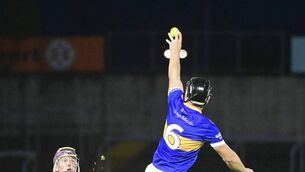 <p>Lee Cleere (Clough/Ballacolla) rising to secure this sliotar in the SHC defeat of The Harps on Friday Photo: Denis Byrne</p>