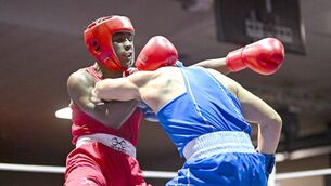 <p>Kevin Pukuta of Portlaoise BC (left) in action against John Ward of Monivea BC Galway during their 75kg bout at the 2025 IABA National U/17 Championship finals at the National Boxing Stadium Photo: Piaras Ó Mídheach/Sportsfile </p>