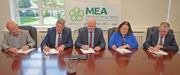Paddy Mahon (Chief Executive Longford County Council), Sean Mullarkey (Head of Finance and Energy Performance Officer, Roscommon County Council), Michael Rainey (Chief Executive Laois County Council), Anna Marie Delaney (Chief Executive Offaly County Council and Barry Kehoe (Chief Executive Westmeath County Council) at the signing of the three-year €26.22 million agreement with the Sustainable Energy Authority of Ireland (SEAI).