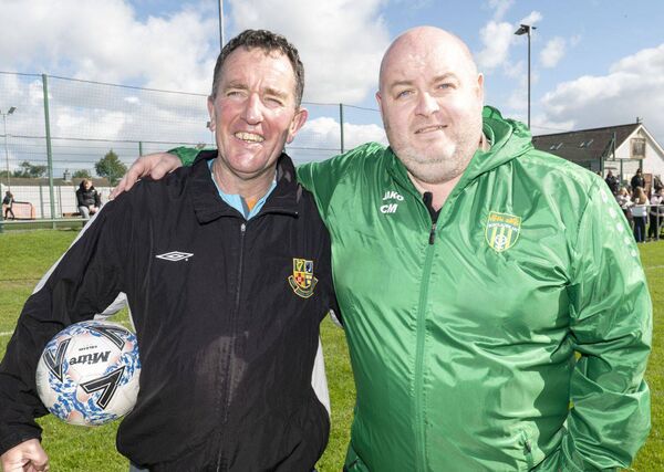 Referee Walla Brown with Cliff Maher at the Emlyn Cup charity match Photo: Denis Byrne