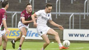 <p>Courtwood's Alan Kinsella finds the Portarlington net on Sunday Photo: Denis Byrne</p>
