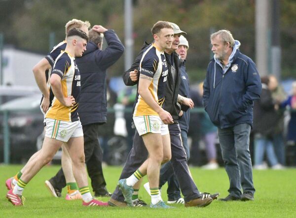 Relief more than celebrations for Crettyard players and management after they got the better of Ballyfin in the Senior Football Championship Relegation final Photo: Denis Byrne