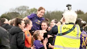 <p>Kylie Murphy enjoys her last few moments as a Wexford player</p>