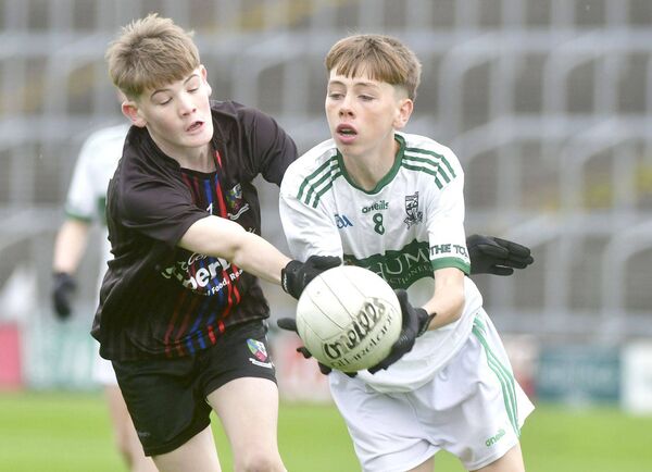 Culainn McEvoy (Portlaoise) releasing this ball with Darragh Delaney (Mountmellick Parish Gaels) challenging Photo: Denis Byrne Culainn McEvoy (Portlaoise) releasing this ball with Darragh Delaney (Mountmellick Parish Gaels) challenging Photo: Denis Byrne