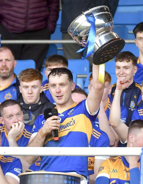 Clough/Ballacolla captain Aiden Corby raises the Bob O'Keeffe Cup on Sunday Photo: Denis Byrne Clough/Ballacolla captain Aiden Corby raises the Bob O'Keeffe Cup on Sunday Photo: Denis Byrne
