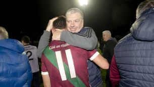 <p>Manager Pat Roe embraces Ronan Coffey after their win Photo: Denis Byrne</p> <p>Manager Pat Roe embraces Ronan Coffey after their win Photo: Denis Byrne</p>