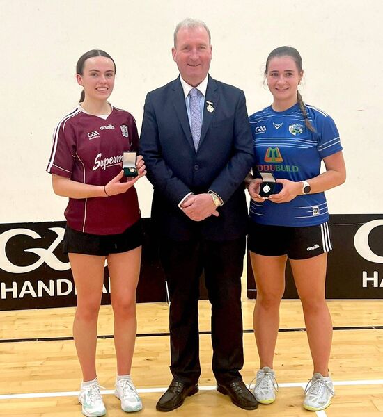 GAA Handball President Conor McDonnell presenting the Ladies All-Ireland Junior Wallball medals to Ava Sweeney (Galway) and Úna Brophy (Laois)  GAA Handball President Conor McDonnell presenting the Ladies All-Ireland Junior Wallball medals to Ava Sweeney (Galway) and Úna Brophy (Laois)