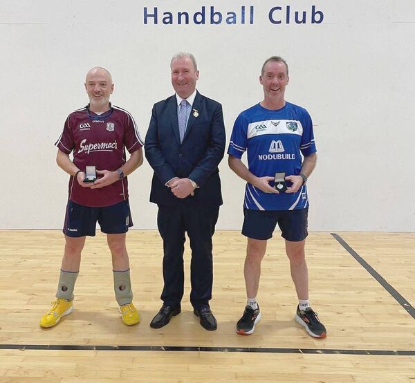 Men's All-Ireland Golden Masters finalists Graham Cadburn (Galway) and Kevin Brennan (Laois) were presented with their medals by GAA Handball President Conor McDonnell.  Men's All-Ireland Golden Masters finalists Graham Cadburn (Galway) and Kevin Brennan (Laois) were presented with their medals by GAA Handball President Conor McDonnell.
