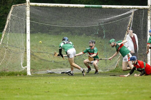 Mikey Kirwan finds the net for Ballyfin-Mountrath in the defeat of Rathdowney/Errill in the U/20 hurling championship Photo: David Maher