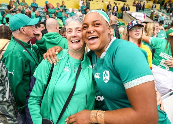 Eimear Corri-Fallon celebrates with her mum Siobhán Bergin Corri after Ireland had beaten Spain in the Women's Rugby World Cup Photo: INPHO/Ben Brady Eimear Corri-Fallon celebrates with her mum Siobhán Bergin Corri after Ireland had beaten Spain in the Women's Rugby World Cup Photo: INPHO/Ben Brady