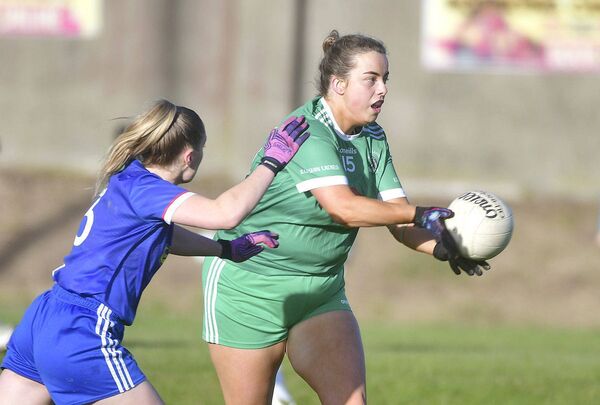 Killeshin captain Ciara McDonald laying this ball off in the LGFA Division 3 final Photo: Denis Byrne