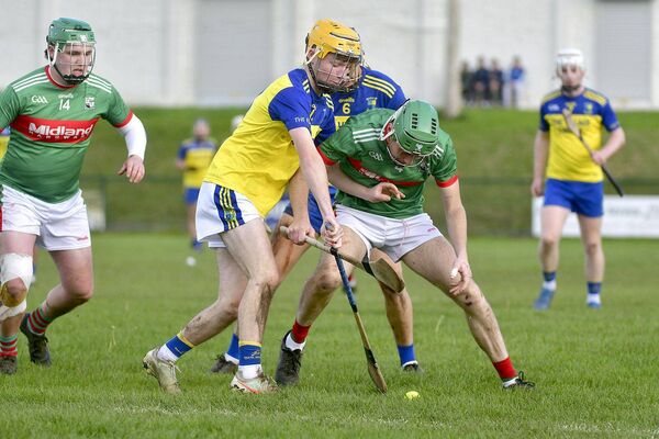 Cathal Noone (St Lazarian's Abbeyleix) and Thomas Moore (Rathdowney/Errill) battle for possession of this sliotar in their U/20HC game Photo: Denis Byrne