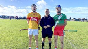 <p>The Harps and Borris/Kilcotton captains with referee Aklan Doheny prior to the U/20HC game on Sunday</p>