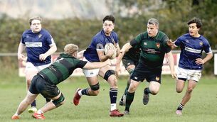 <p>Cormac Rigney makes a break for Portlaoise RFC, with Juan Raffa in support, in the Leinster League Division 2B/3 win over Birr in Togher on Sunday Photo: David Maher</p>