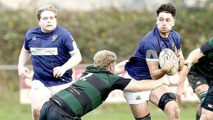 <p>Cormac Rigney (right) and Ryan McEvoy to his left both scored tries against West Offaly Lions on Sunday Photo: David Maher</p>