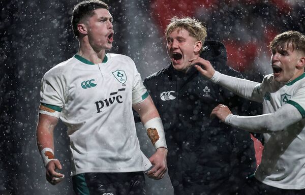 Sean Walsh celebrates scoring Ireland's first try, which came after some trojan work from LAois's Lee Fitzpatrick. Photo: ©INPHO/Bryan Keane