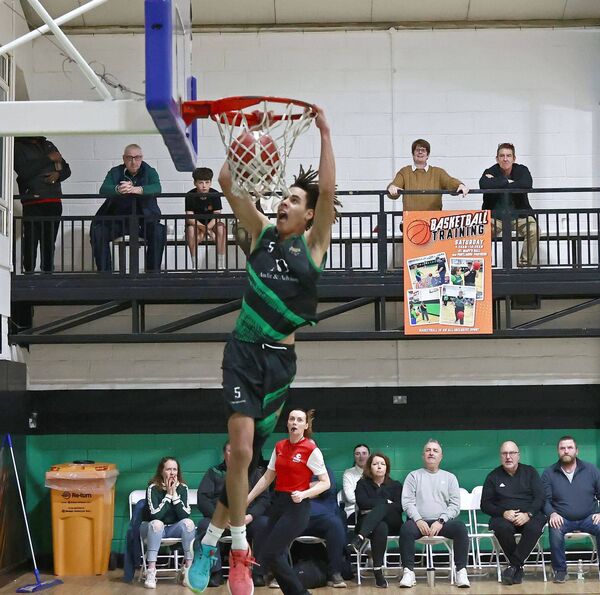 Slam dunk Jadon Umeh for Portlaoise Panthers against Rathmore Ravens in St Mary's Hall on Saturday evening Photo: David Maher Slam dunk Jadon Umeh for Portlaoise Panthers against Rathmore Ravens in St Mary's Hall on Saturday evening Photo: David Maher