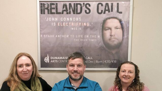 Actor John Connors with the new CEO of the Dunamaise Arts Centre Ciara O' Connell (left) and her predecessor Michelle de Forge (right) underneath John's poster Photos: Stan Henderson <p>Actor John Connors with the new CEO of the Dunamaise Arts Centre Ciara O' Connell (left) and her predecessor Michelle de Forge (right) underneath John's poster Photos: Stan Henderson</p>