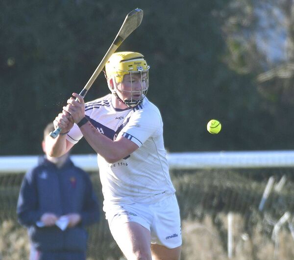 Dan Whelan (Mountrath CS) playing this sliotar into the danger area against Castlecomer Photo: Denis Byrne Dan Whelan (Mountrath CS) playing this sliotar into the danger area against Castlecomer Photo: Denis Byrne