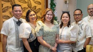 <p>Joenel Tacardon, Joan Lestor O'Connell, Kristine Cachila, Mariel Llamoe, Michael Ramos and DJ Bone at the Laois Filipino Community Christmas party in The Killeshin Hotel. Photo: Alf Harvey</p>