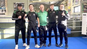<p>Portlaoise boxing club team who competed in the National Intermediate Championship over the last three weekends - Johnny Harty Snr (Coach), Johnny Harty, Pat Ryan (Head Coach), Cody O'Reilly and James O'Reilly (Coach) </p>