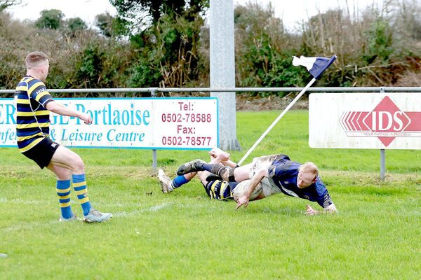 Iain Corrigan touches down for Portlaoise's first try in the Leinster League Division 2B/3 defeat of Midland Warriors on Sunday at Togher Photo: David Maher