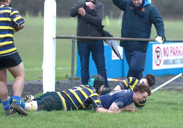 Joe McCormack goes over for Portlaoise's third try in the Leinster League Division 2B/3 defeat of Midland Warriors Photo: David Maher