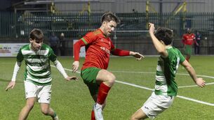 <p>St. Patrick’s Josh Moore tries to get the ball away from Killeshin’s Radoslaw Witkowski and Adam Farrell. Pic: Michael O'Rourke</p> <p>St. Patrick’s Josh Moore tries to get the ball away from Killeshin’s Radoslaw Witkowski and Adam Farrell. Pic: Michael O'Rourke</p>