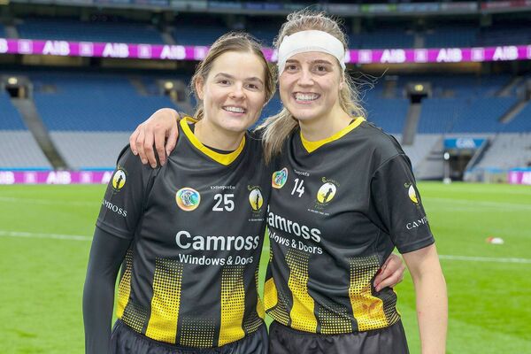 Sarah-Anne Fitzgerald and Claire Fitzgerald after the final whistle of the Camogie All-Ireland Club Intermediate Championship final in Croke Park on Sunday Photo: Paul Dargan
